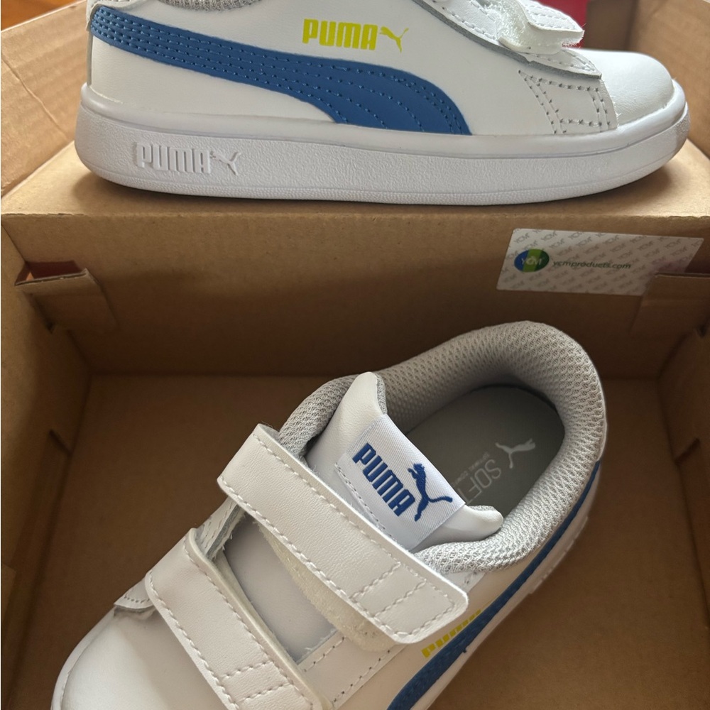 PUMA Kids White Sneakers with Blue and Yellow Accents